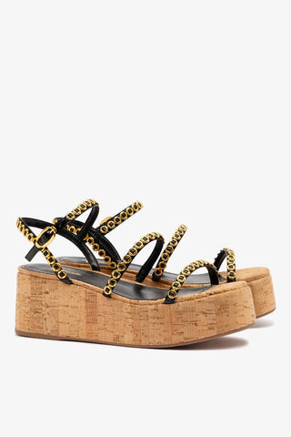 Flatform Gio Milanina Couro Verniz Preto e Cortiça Sandal Larroudé