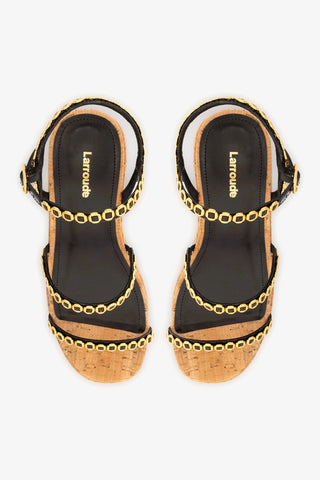 Flatform Gio Milanina Couro Verniz Preto e Cortiça Sandal Larroudé