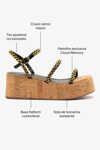 Flatform Gio Milanina Couro Verniz Preto e Cortiça Sandal Larroudé