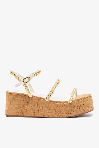 Flatform Gio Milanina Couro Verniz Branco e Cortiça Sandal Larroudé