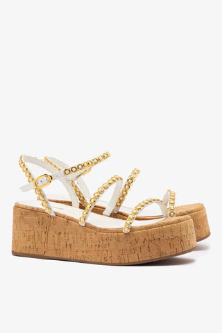 Flatform Gio Milanina Couro Verniz Branco e Cortiça Sandal Larroudé