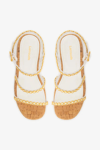 Flatform Gio Milanina Couro Verniz Branco e Cortiça Sandal Larroudé