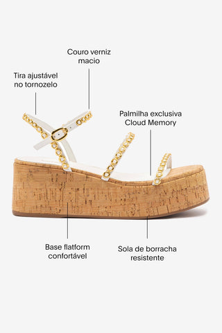 Flatform Gio Milanina Couro Verniz Branco e Cortiça Sandal Larroudé