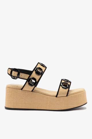 Flatform Milan Ráfia Bege e Camurça Preto Sandal Larroudé