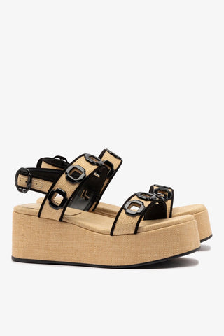 Flatform Milan Ráfia Bege e Camurça Preto Sandal Larroudé
