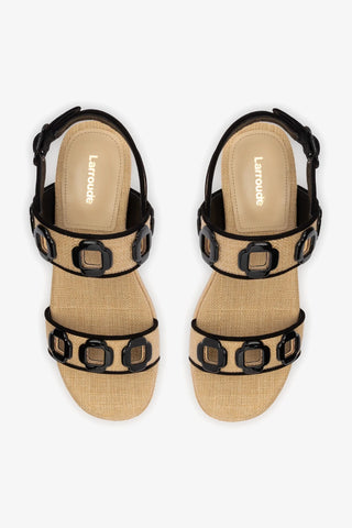 Flatform Milan Ráfia Bege e Camurça Preto Sandal Larroudé
