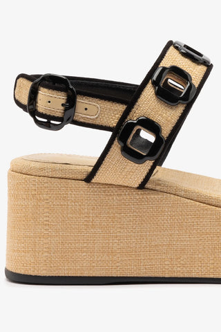 Flatform Milan Ráfia Bege e Camurça Preto Sandal Larroudé