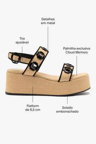 Flatform Milan Ráfia Bege e Camurça Preto Sandal Larroudé