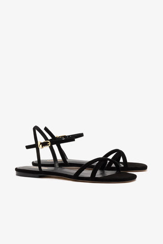 Sandália Flat Annie Camurça Preto Flat Sandal Larroudé