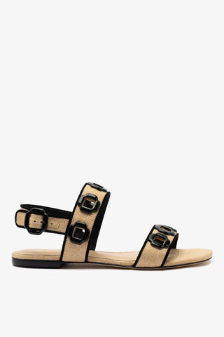 Sandália Flat Milan Ráfia Bege e Camurça Preto Flat Sandal Larroudé