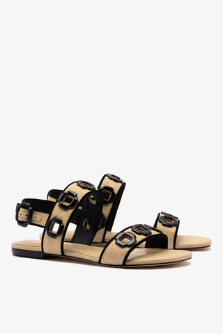 Sandália Flat Milan Ráfia Bege e Camurça Preto Flat Sandal Larroudé