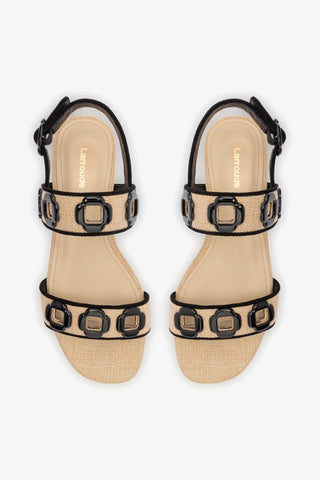 Sandália Flat Milan Ráfia Bege e Camurça Preto Flat Sandal Larroudé
