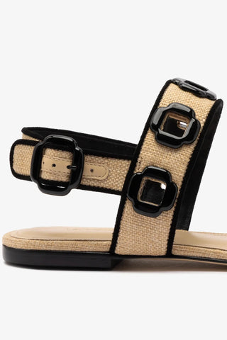 Sandália Flat Milan Ráfia Bege e Camurça Preto Flat Sandal Larroudé