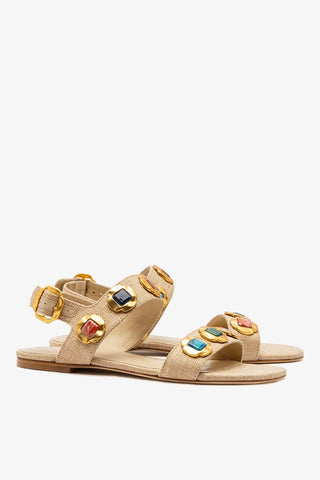 Sandália Flat Milan Gioiello Ráfia Bege Flat Sandal Larroudé