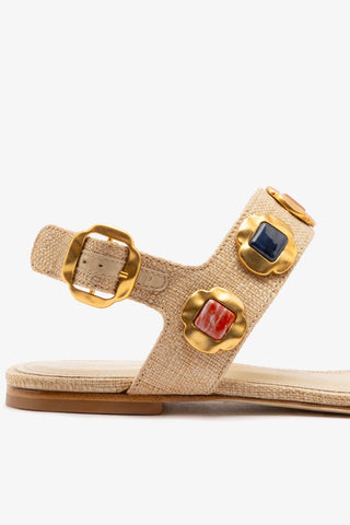 Sandália Flat Milan Gioiello Ráfia Bege Flat Sandal Larroudé