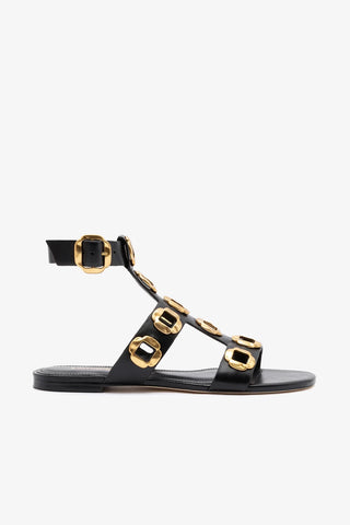 Sandália Gladiadora Flat Milan Couro Preto Flat Sandal Larroudé