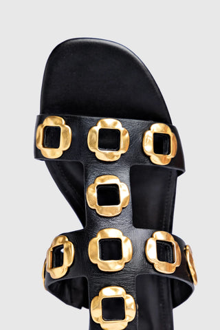 Sandália Gladiadora Flat Milan Couro Preto Flat Sandal Larroudé