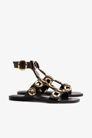 Sandália Gladiadora Flat Milan Couro Preto Flat Sandal Larroudé