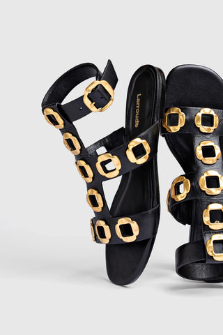 Sandália Gladiadora Flat Milan Couro Preto Flat Sandal Larroudé