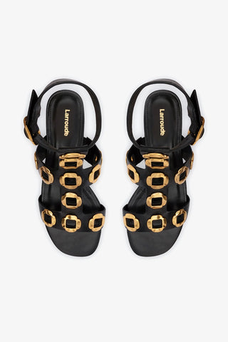 Sandália Gladiadora Flat Milan Couro Preto Flat Sandal Larroudé