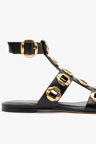 Sandália Gladiadora Flat Milan Couro Preto Flat Sandal Larroudé