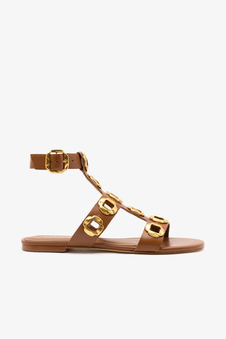 Sandália Gladiadora Flat Milan Couro Caramelo Flat Sandal Larroudé