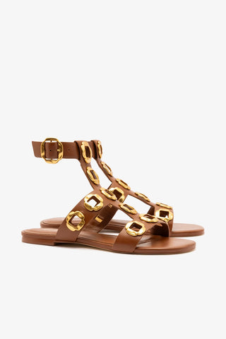 Sandália Gladiadora Flat Milan Couro Caramelo Flat Sandal Larroudé