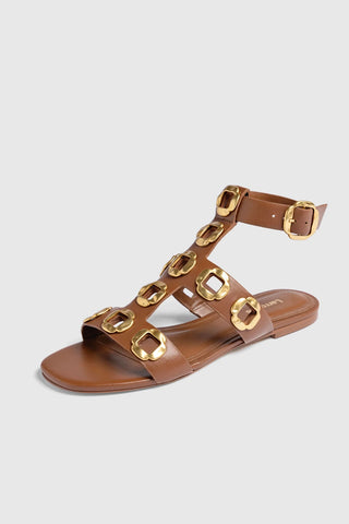 Sandália Gladiadora Flat Milan Couro Caramelo Flat Sandal Larroudé