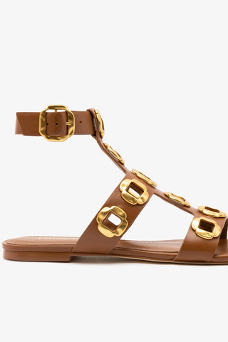 Sandália Gladiadora Flat Milan Couro Caramelo Flat Sandal Larroudé