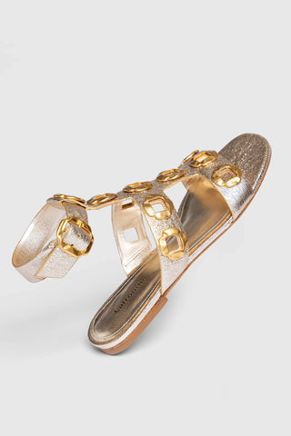 Sandália Gladiadora Flat Milan Couro Dourado Flat Sandal Larroudé