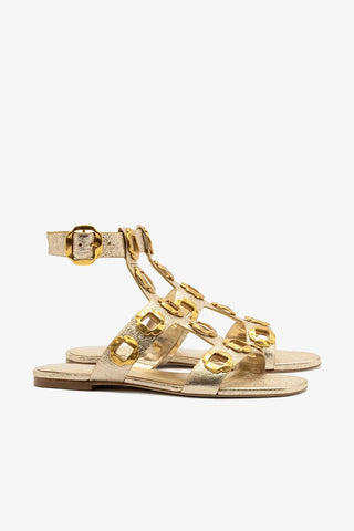 Sandália Gladiadora Flat Milan Couro Dourado Flat Sandal Larroudé