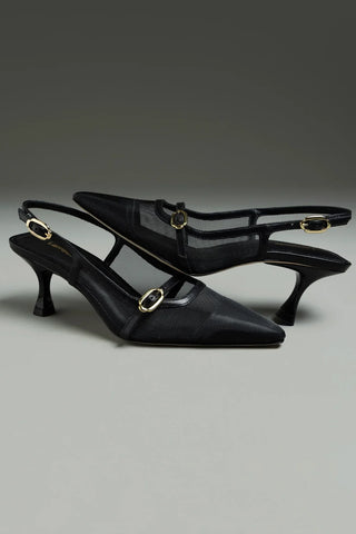 Slingback Ines Tela e Couro Preto Pump Larroudé