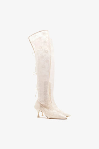 Larroudé x Markarian: Bota Amarração Ines Renda Branco Boot Larroudé x Markarian