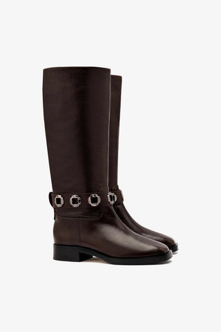 Bota Flat Milan Couro Marrom Boot Larroudé