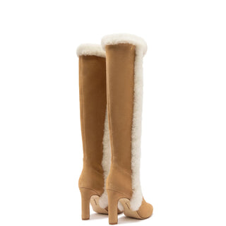 Bota Cindy Hi Camurça Caramelo e Lã Natural