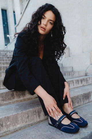 Sapatilha Devon Camurça Azul, Tela Preto e Couro Prateado Ballerina Larroudé