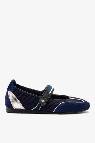 Sapatilha Devon Camurça Azul, Tela Preto e Couro Prateado Ballerina Larroudé