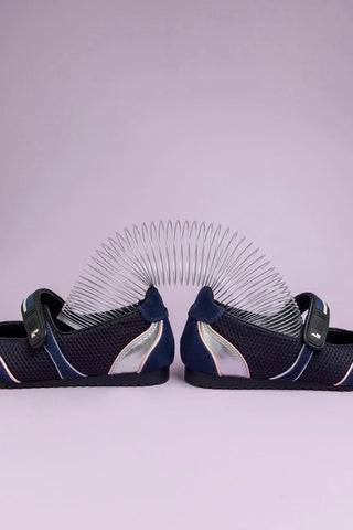 Sapatilha Devon Camurça Azul, Tela Preto e Couro Prateado Ballerina Larroudé