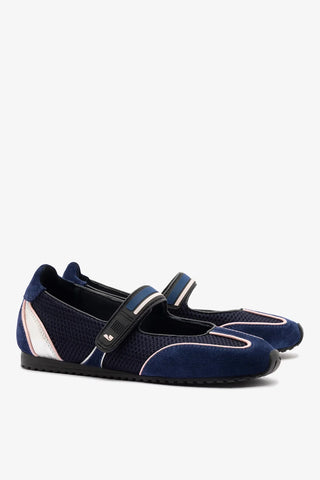 Sapatilha Devon Camurça Azul, Tela Preto e Couro Prateado Ballerina Larroudé