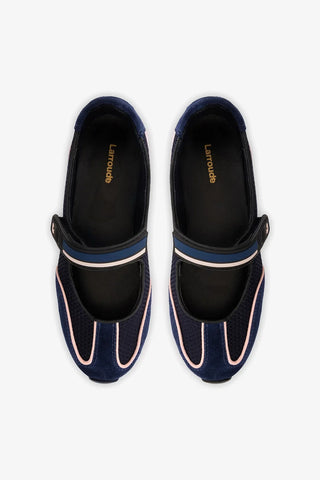 Sapatilha Devon Camurça Azul, Tela Preto e Couro Prateado Ballerina Larroudé