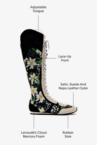 Larroudé x Jonathan Cohen: Bota Tênis Cano Alto Camurça Preto e Cetim Estampado Multicor Sneaker Larroudé x Jonathan Cohen