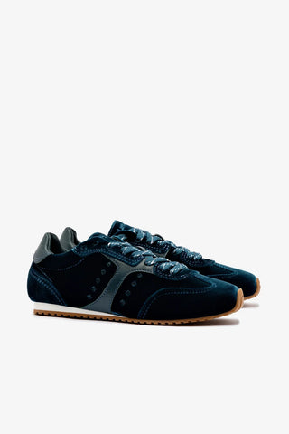 Tênis Stella Veludo e Couro Azul Sneaker Larroudé