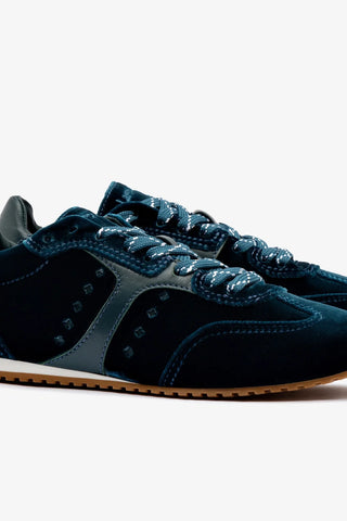 Tênis Stella Veludo e Couro Azul Sneaker Larroudé