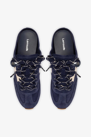 Mule Stella Camurça Azul e Couro Off White Sneaker Larroudé