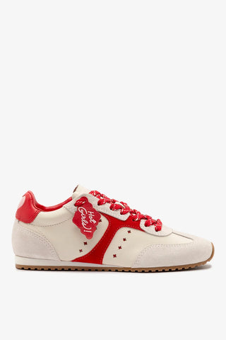 Tênis Stella Amore Couro Off White e Camurça Vermelho Sneaker Larroudé