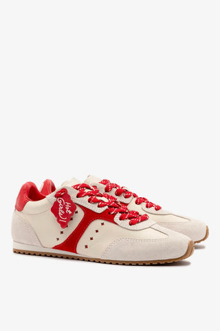 Tênis Stella Amore Couro Off White e Camurça Vermelho Sneaker Larroudé