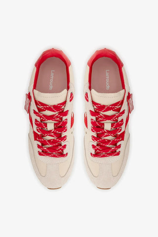 Tênis Stella Amore Couro Off White e Camurça Vermelho Sneaker Larroudé