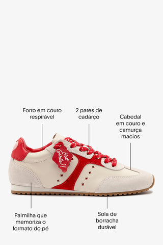 Tênis Stella Amore Couro Off White e Camurça Vermelho Sneaker Larroudé