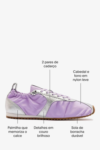 Sapatilha Devon Camurça Cinza, Nylon Lilás e Couro Prateado Ballerina Larroudé