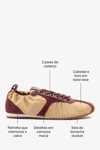 Tênis Stella Lite Nylon Caramelo e Camurça Bordô Sneaker Larroudé